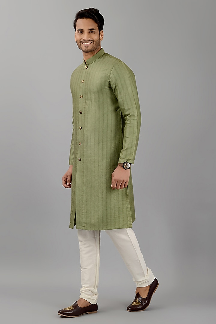 Green Silk Jacquard Kurta Set by Siddhesh Chauhan at Pernia's Pop Up Shop