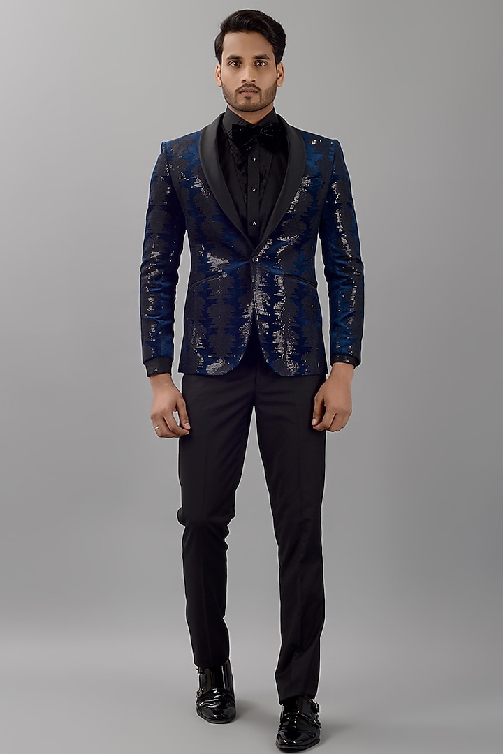 Teal Blue Velvet Embroidered Tuxedo by Siddhesh Chauhan