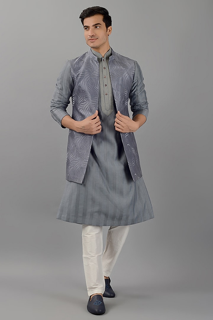 Slate Grey Silk Indowestern by Siddhesh Chauhan