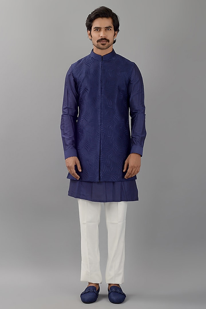 Deep Blue Silk Embroidered Nehru Jacket by Siddhesh Chauhan