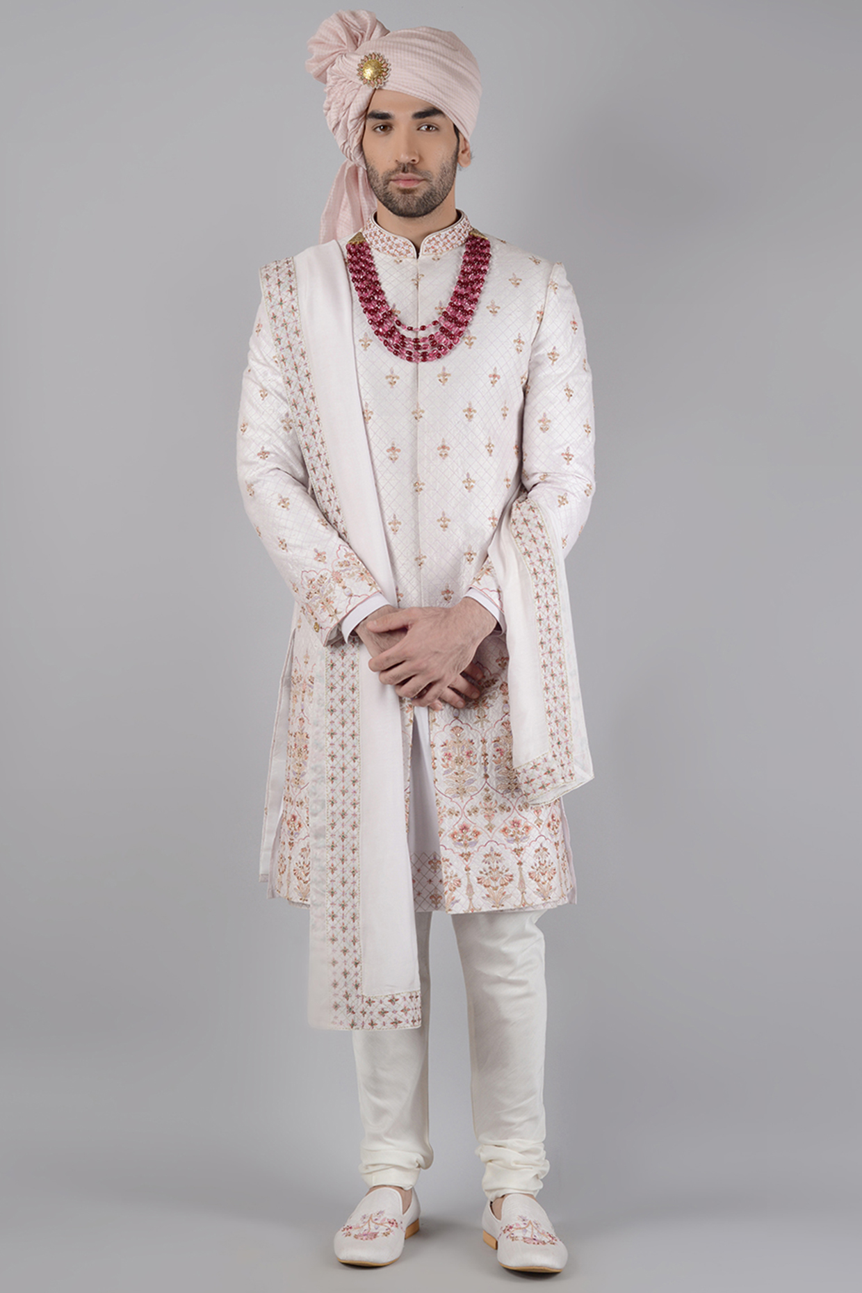 Tint Lilac Raw Silk Hand & Machine Embroidered Groom Sherwani Set by Siddhesh Chauhan at Pernia's Pop Up Shop