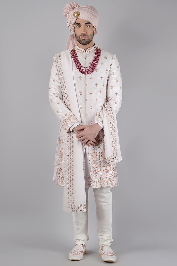 Tint Lilac Raw Silk Hand & Machine Embroidered Groom Sherwani Set by Siddhesh Chauhan at Pernia's Pop Up Shop