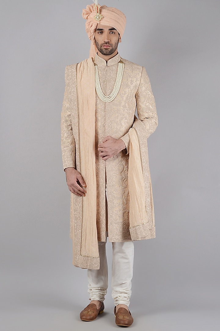 Golden Raw Silk Block Printed & Pearl Embroidered Sherwani Set by Siddhesh Chauhan