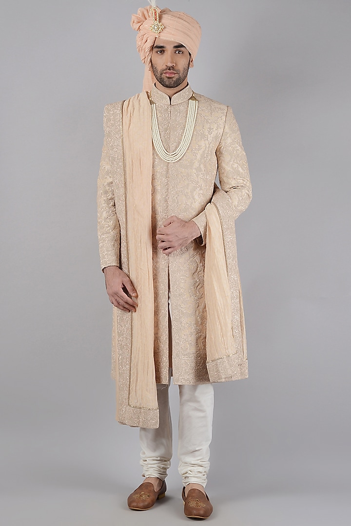 Golden Printed Sherwani Set by Siddhesh Chauhan