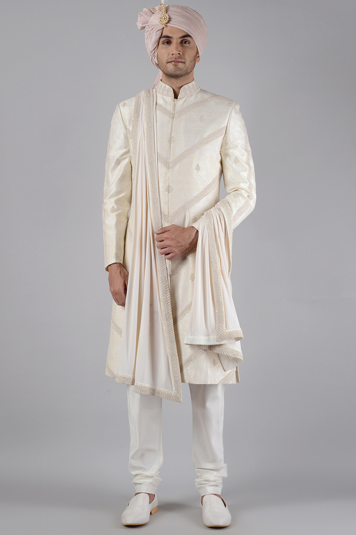 Cream Raw Silk Block Printed & Pearl Embroidered Sherwani Set by Siddhesh Chauhan