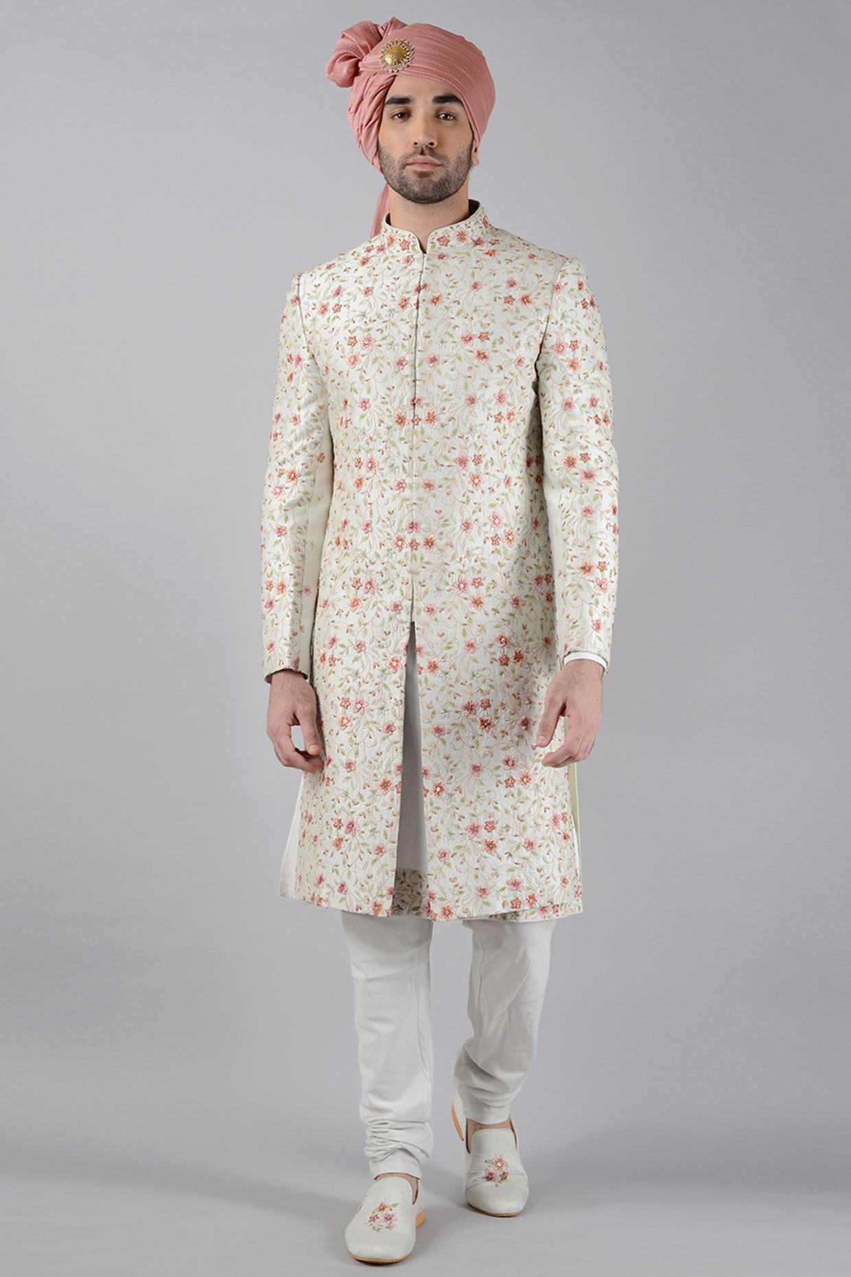 Tint Pistachio Green Raw Silk Floral Embroidered Groom Sherwani Set by Siddhesh Chauhan at Pernia's Pop Up Shop