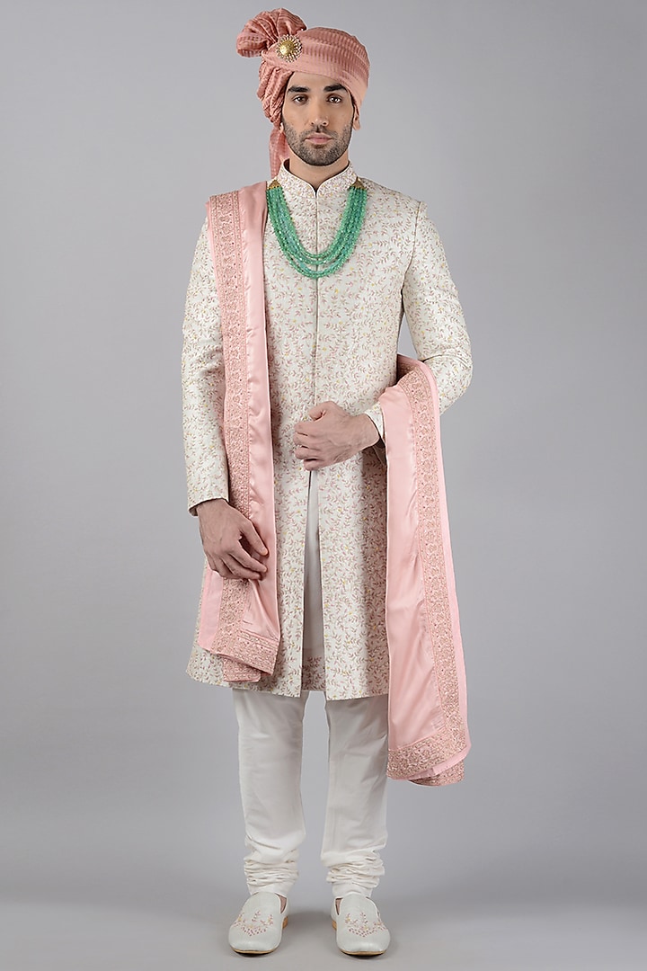 Tint Pistachio Green Raw Silk Resham Embroidered Groom Sherwani Set by Siddhesh Chauhan at Pernia's Pop Up Shop