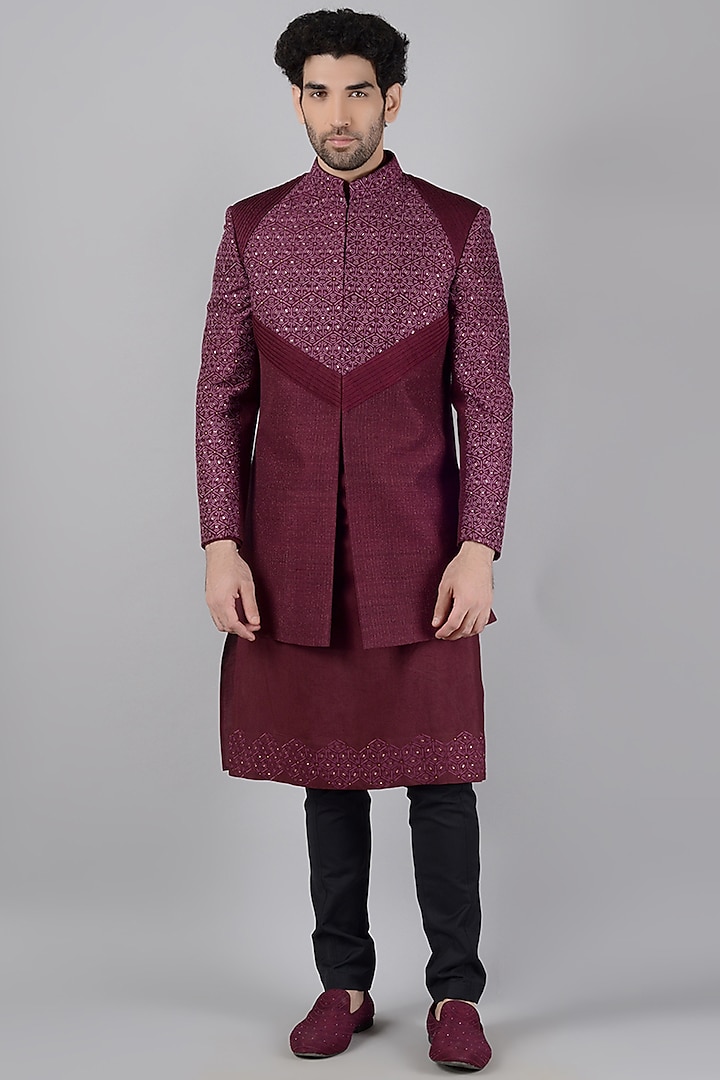 Wine Embroidered Bandhgala Set by Siddhesh Chauhan