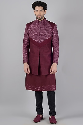 Wine Embroidered Bandhgala Set by Siddhesh Chauhan