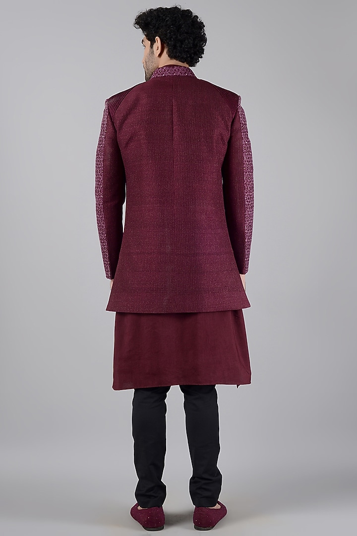 Wine Embroidered Groom Bandhgala Set by Siddhesh Chauhan at Pernia's Pop Up Shop
