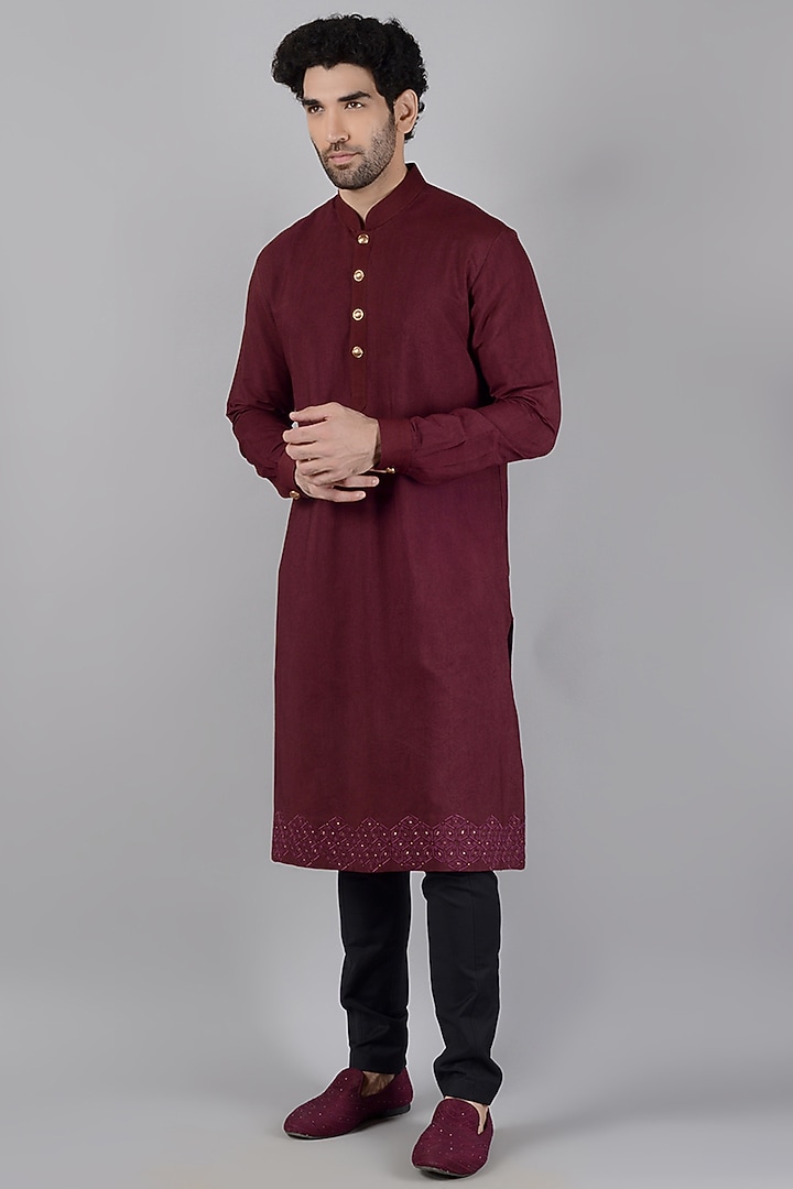 Wine Embroidered Groom Bandhgala Set by Siddhesh Chauhan at Pernia's Pop Up Shop