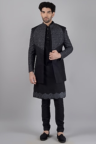 Black Silk Embroidered Indo Western Set by Siddhesh Chauhan