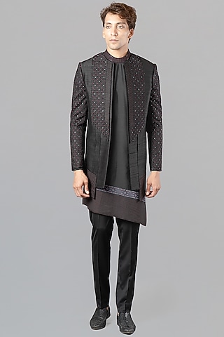 Black Raw Silk Embroidered Indo Western Set by Siddhesh Chauhan