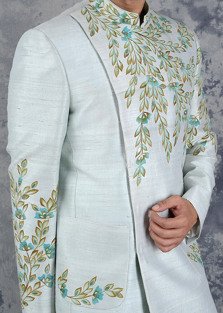 Sea Green Hand Painted Jodhpuri Set by Siddhesh Chauhan at Pernia's Pop Up Shop