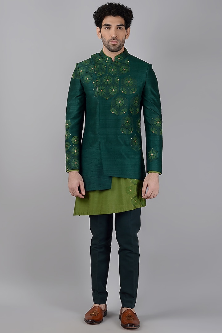 Bottle Green Silk Embroidered Indo Western Set by Siddhesh Chauhan