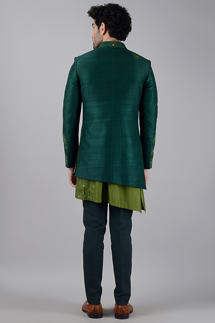 Bottle Green Silk Embroidered Indo Western Set by Siddhesh Chauhan at Pernia's Pop Up Shop