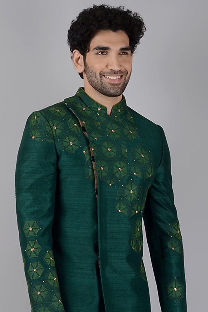 Bottle Green Silk Embroidered Indo Western Set by Siddhesh Chauhan at Pernia's Pop Up Shop