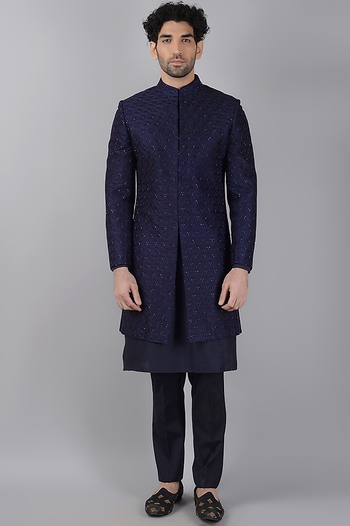 Navy Blue Embroidered Indo Western Set by Siddhesh Chauhan