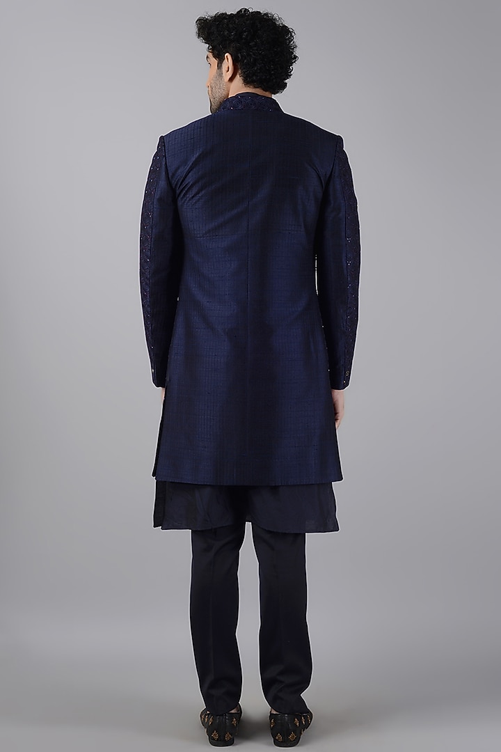 Navy Blue Embroidered Indo Western Set by Siddhesh Chauhan at Pernia's Pop Up Shop