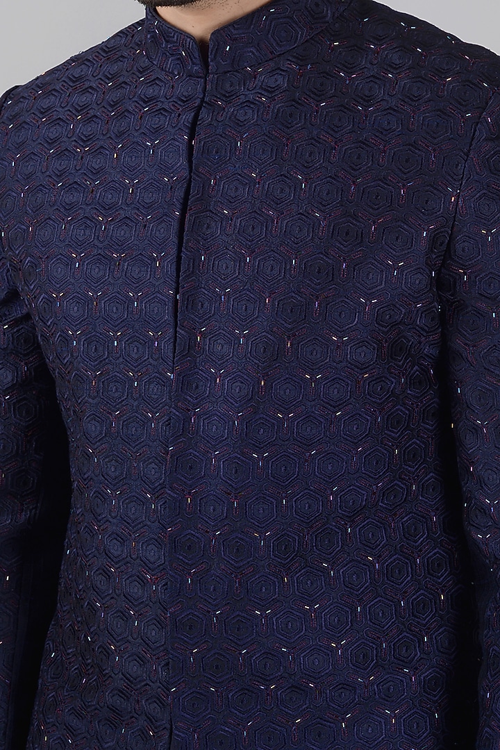 Navy Blue Embroidered Indo Western Set by Siddhesh Chauhan at Pernia's Pop Up Shop