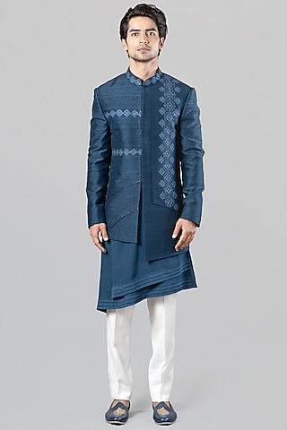 Teal Blue Embroidered Indo Western Set by Siddhesh Chauhan