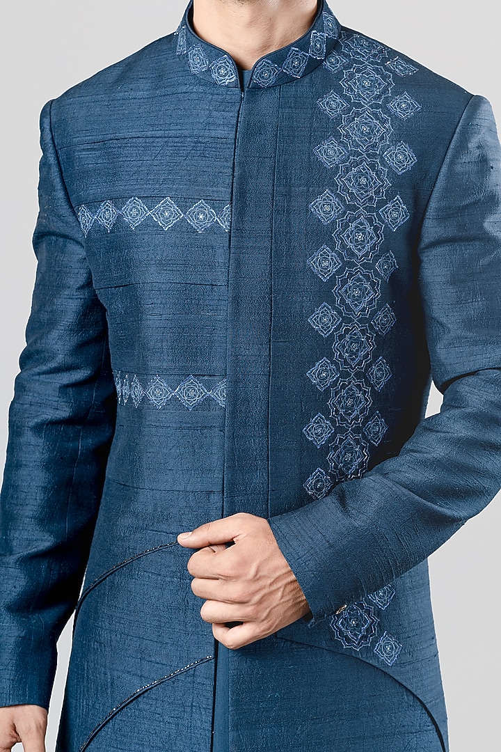 Teal Blue Embroidered Indo Western Set by Siddhesh Chauhan at Pernia's Pop Up Shop