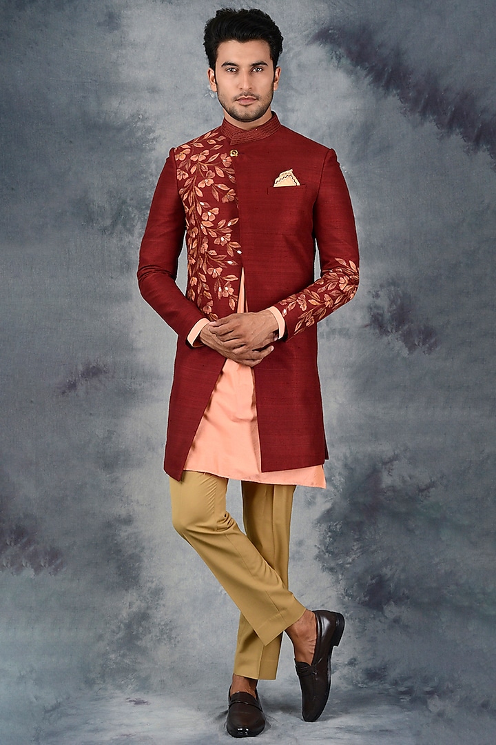 Maroon Silk Hand Painted Indo Western Set by Siddhesh Chauhan