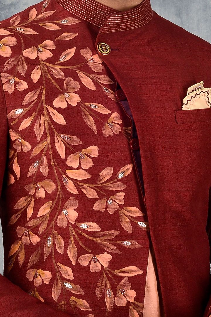 Maroon Silk Hand Painted Indo Western Set by Siddhesh Chauhan at Pernia's Pop Up Shop