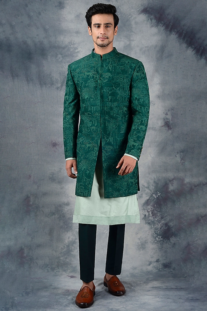 Bottle Green Embroidered Indo Western Set by Siddhesh Chauhan