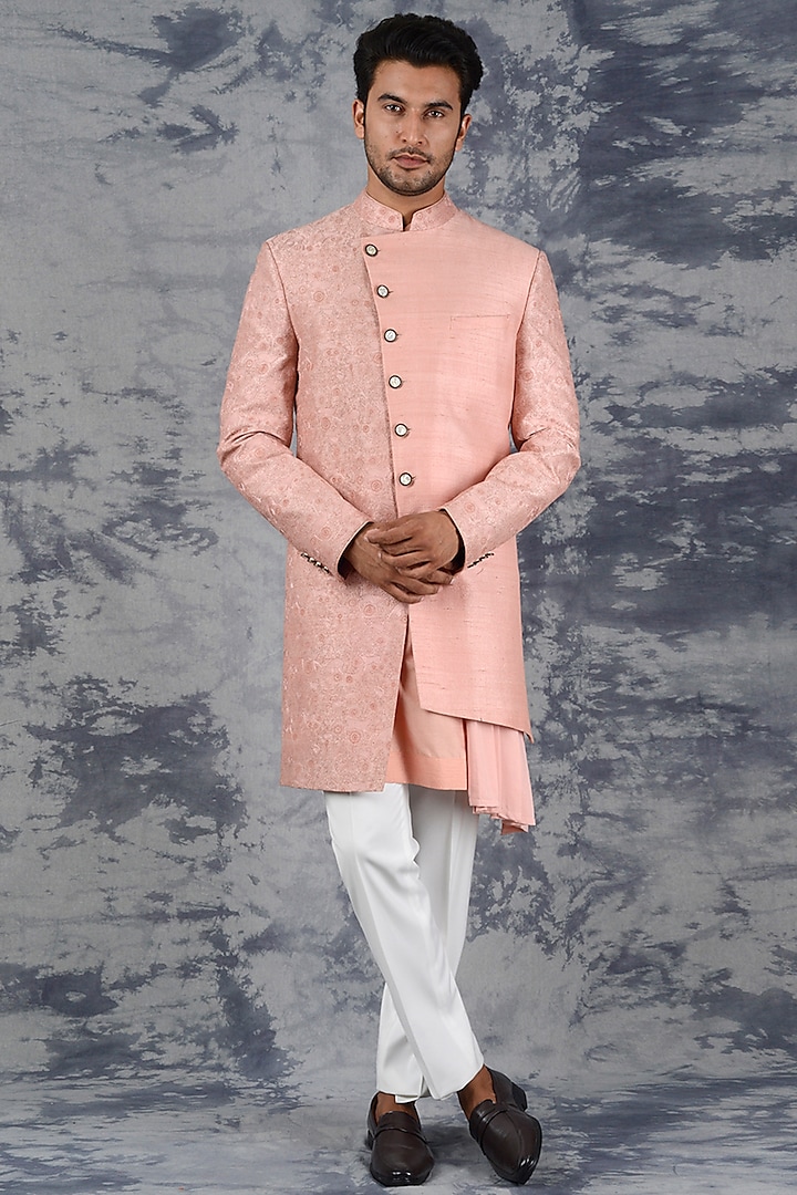 Peach Embroidered Indo Western Set by Siddhesh Chauhan
