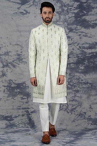 Pistachio Green Embroidered Indo Western Set by Siddhesh Chauhan