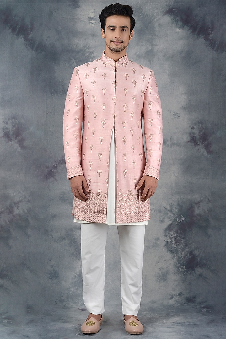 Peach Embroidered Indo Western Set by Siddhesh Chauhan