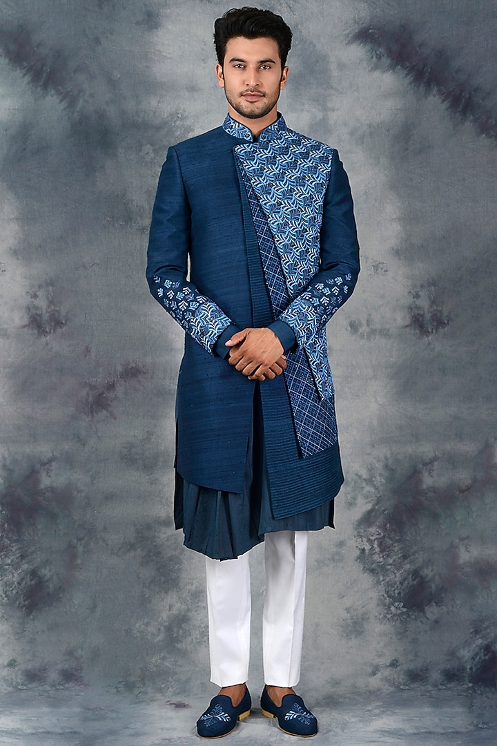 Teal Blue Embroidered Indo Western Set by Siddhesh Chauhan
