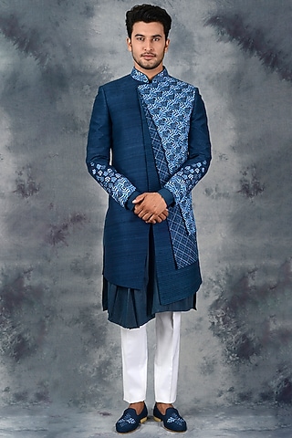 Teal Blue Embroidered Indo Western Set by Siddhesh Chauhan