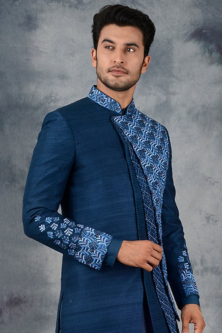 Teal Blue Embroidered Indo Western Set by Siddhesh Chauhan at Pernia's Pop Up Shop