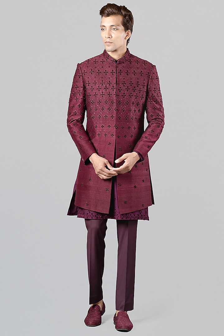 Wine Embroidered Indo Western Set by Siddhesh Chauhan