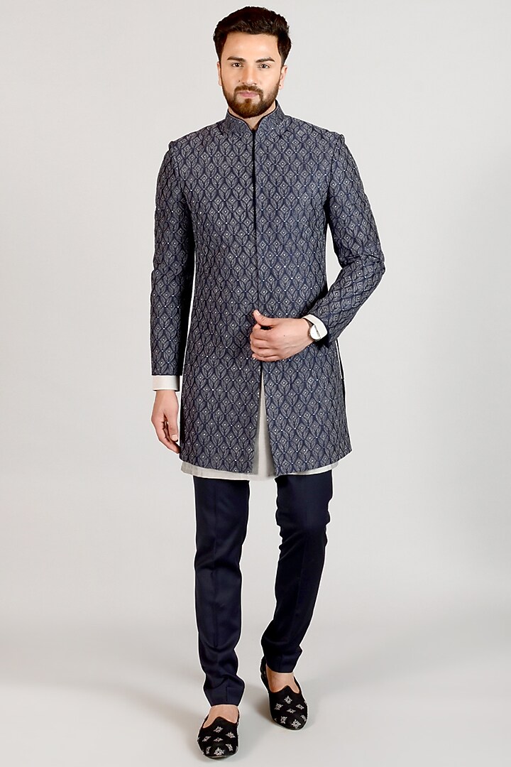 Grey Embroidered Indo Western Set by Siddhesh Chauhan
