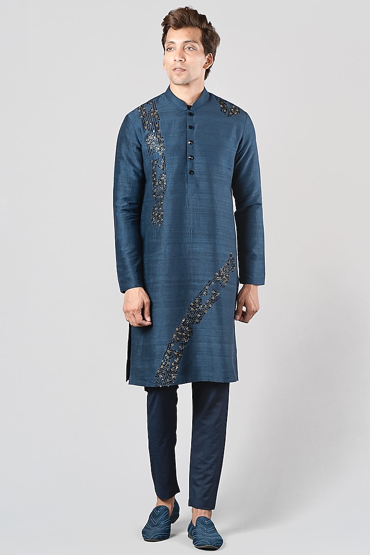 Teal Blue Hand Embroidered Kurta Set by Siddhesh Chauhan