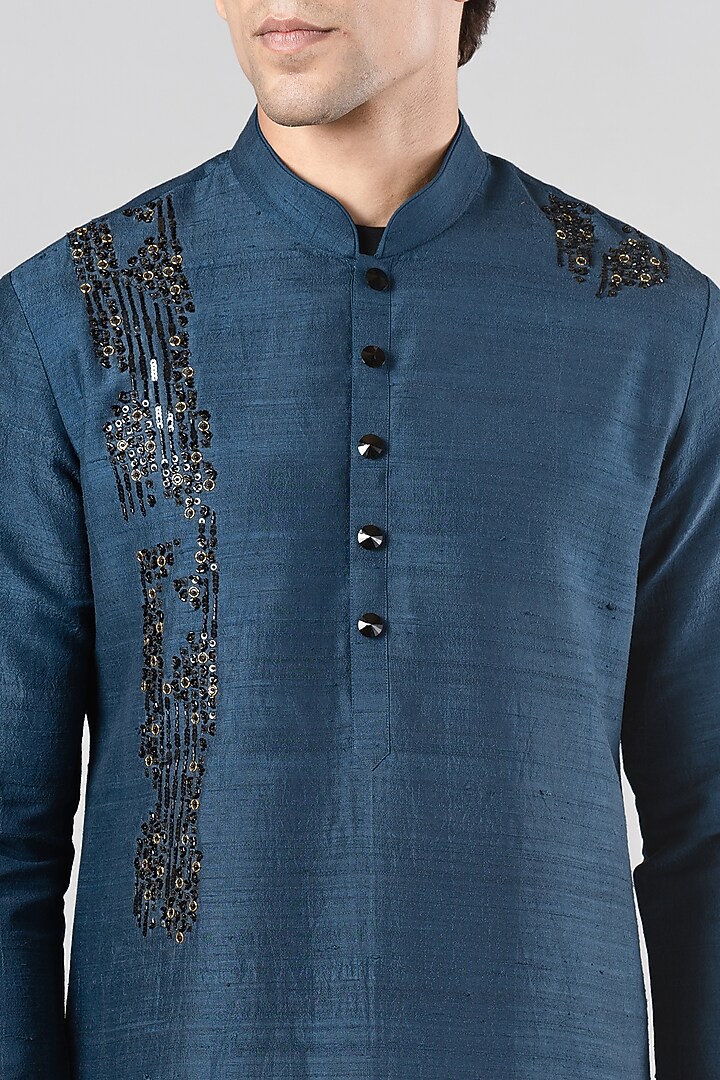 Teal Blue Hand Embroidered Kurta Set by Siddhesh Chauhan at Pernia's Pop Up Shop