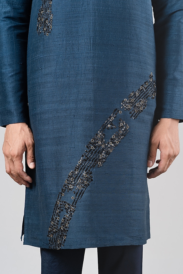 Teal Blue Hand Embroidered Kurta Set by Siddhesh Chauhan at Pernia's Pop Up Shop