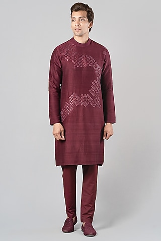 Wine Hand Embroidered Kurta Set by Siddhesh Chauhan