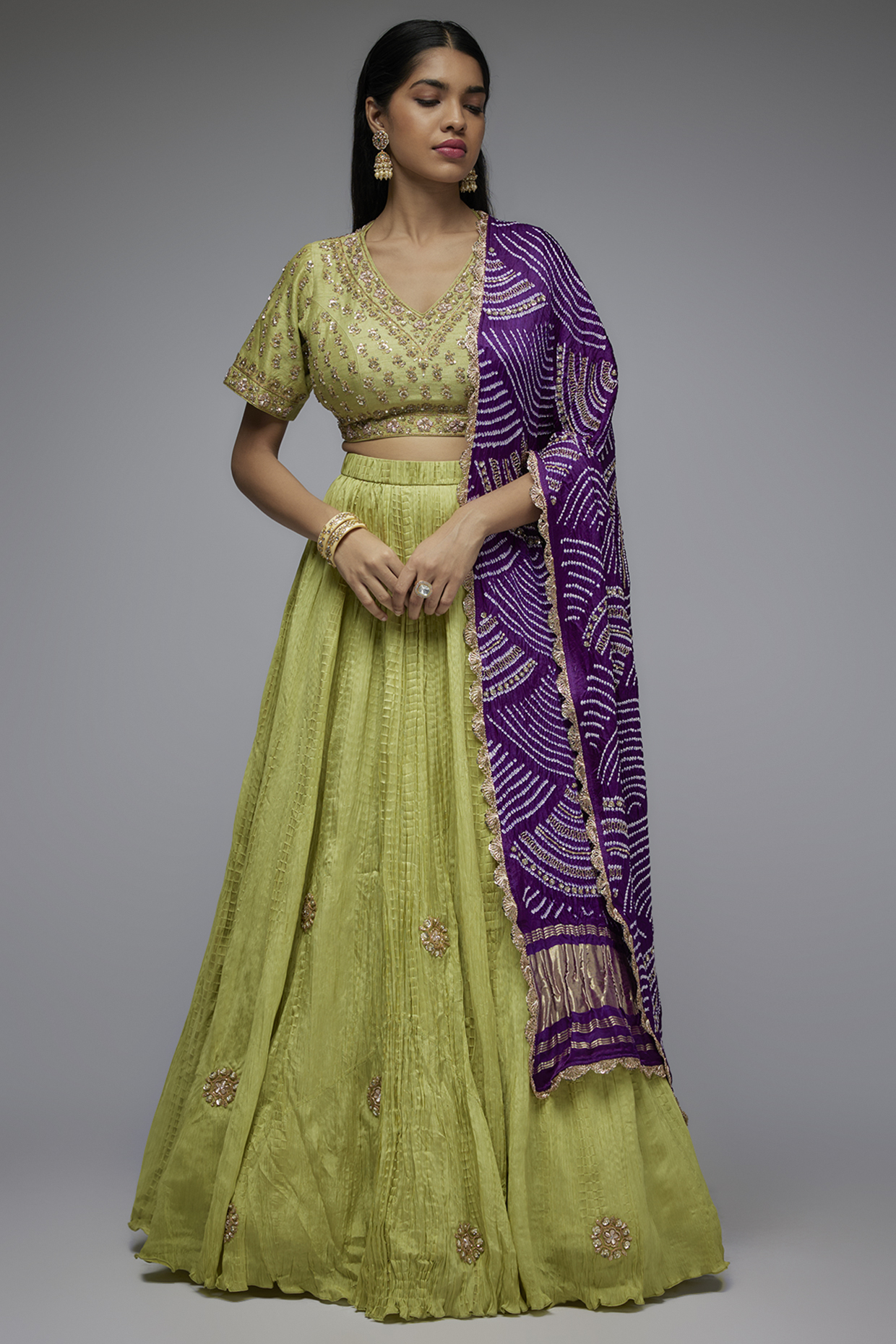 Pista Green Silk Crushed Wedding Lehenga Set by Siddhartha Daga at Pernia's Pop Up Shop