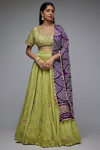 Pista Green Silk Crushed Lehenga Set by Siddhartha Daga