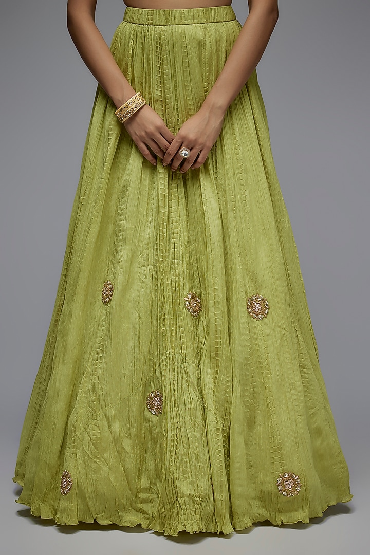 Pista Green Silk Crushed Wedding Lehenga Set by Siddhartha Daga at Pernia's Pop Up Shop