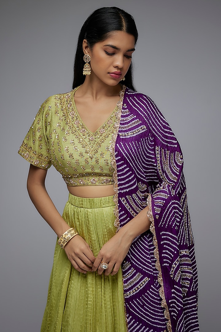 Pista Green Silk Crushed Wedding Lehenga Set by Siddhartha Daga at Pernia's Pop Up Shop