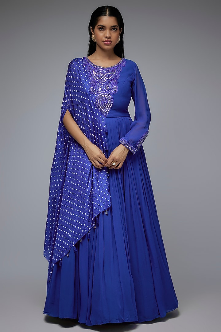 Blue Georgette & Silk Bandhani Printed Engagement Gown by Siddhartha Daga at Pernia's Pop Up Shop