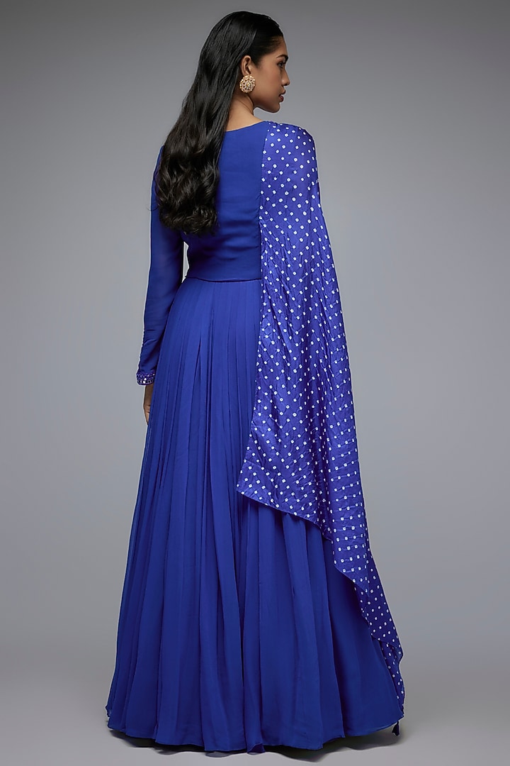 Blue Georgette & Silk Bandhani Printed Engagement Gown by Siddhartha Daga at Pernia's Pop Up Shop