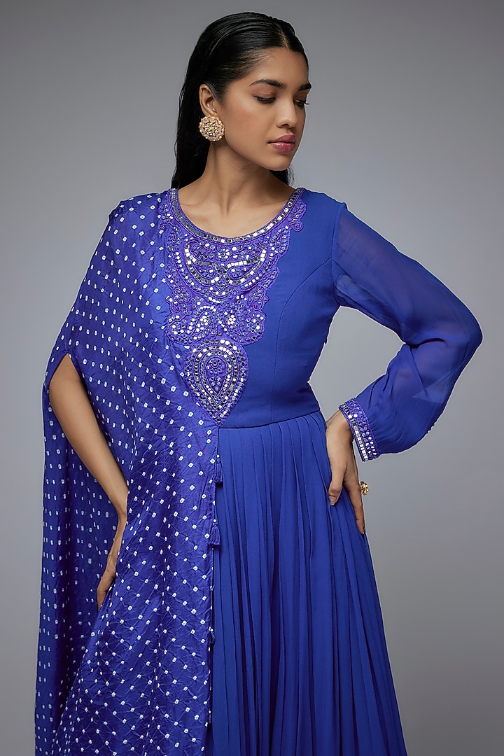 Blue Georgette & Silk Bandhani Printed Engagement Gown by Siddhartha Daga at Pernia's Pop Up Shop