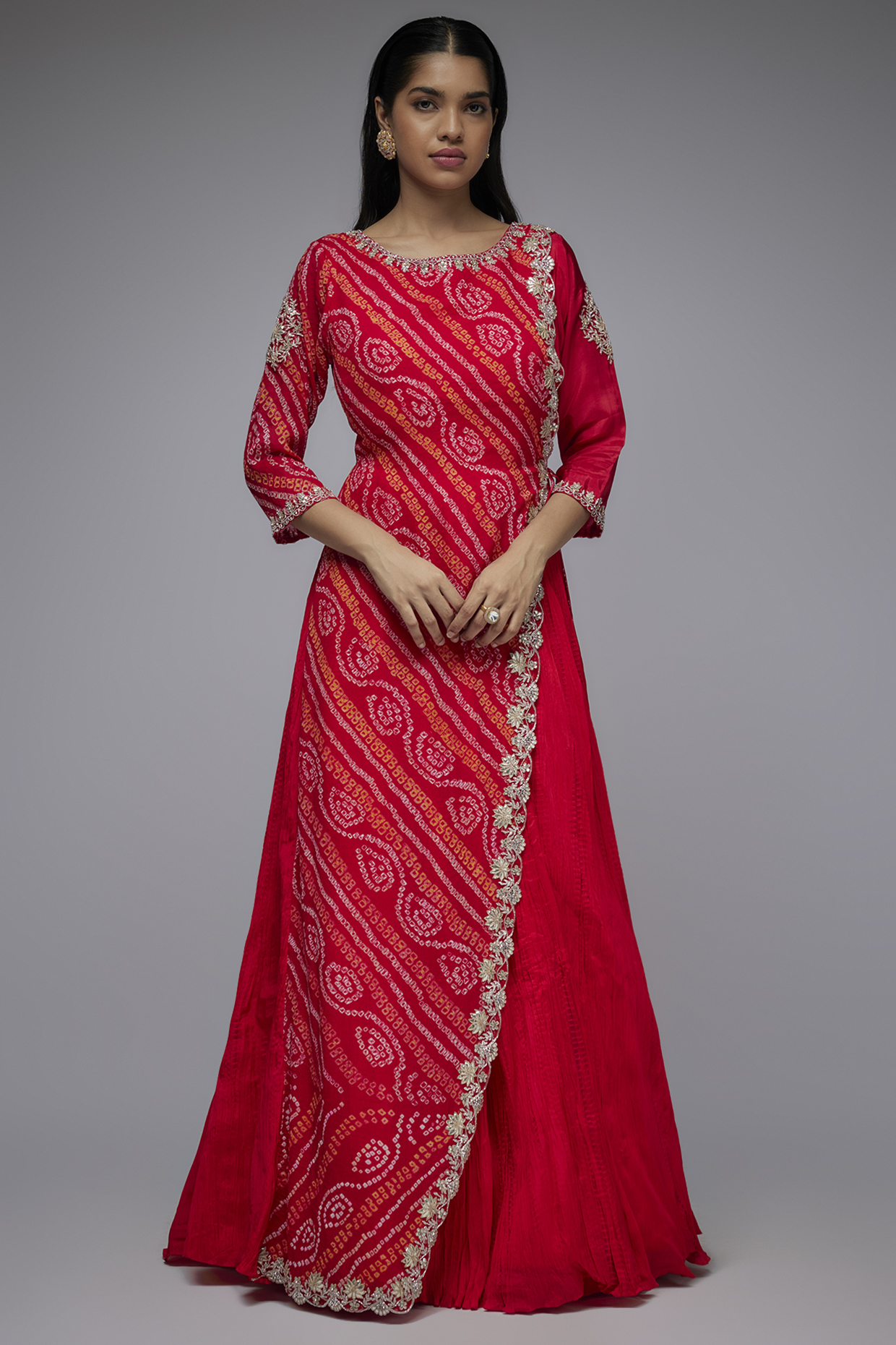 Red Georgette & Silk Bandhani Printed Angrakha Gown by Siddhartha Daga at Pernia's Pop Up Shop