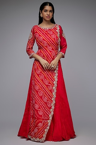 Red Georgette & Silk Bandhani Printed Angrakha Gown by Siddhartha Daga